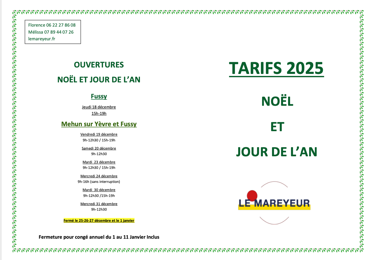 TARIFS ET HORAIRES NOEL / JOUR DE L'AN