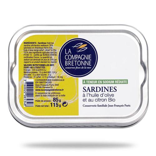 Sardines à l’huile d’olive et au citron Bio à teneur réduite en sodium